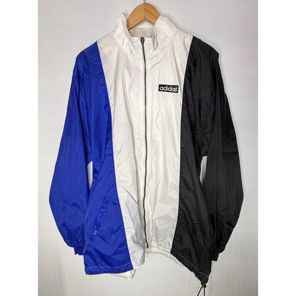 Adidas Windbreaker Jacket Mens M Colorblock White Blue Black Hooded Full Zip - Picture 3 of 16